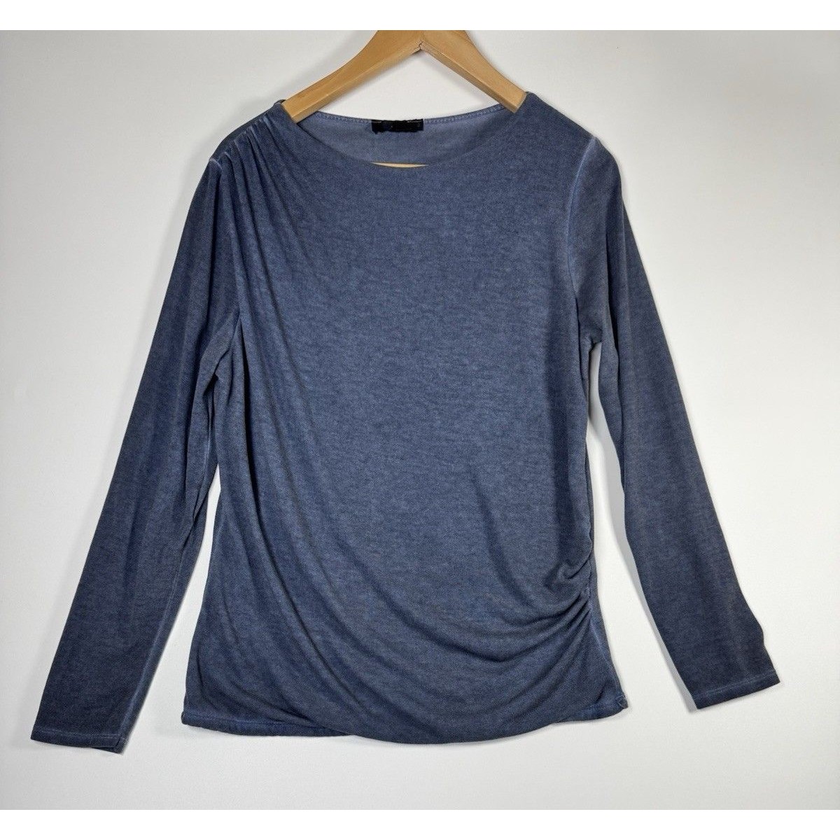 J Mclaughlin Top Womens Medium Blue Ruched Long Sleeve Stretch Knit Minimalist